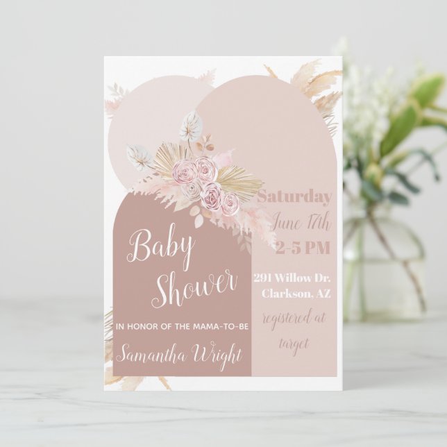 Boho Arch Pampas Baby shower Invitation (Debout devant)