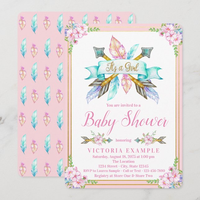 Boho Arrow Feather Baby Douche Invitations (Devant / Derrière)