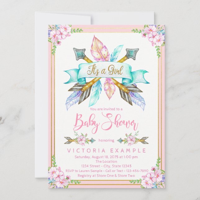 Boho Arrow Feather Girl Baby Shower Invitations (Devant)