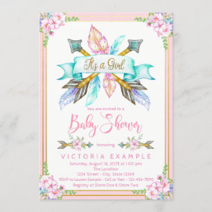 Boho Arrow Feather Girl Baby Shower Invitations