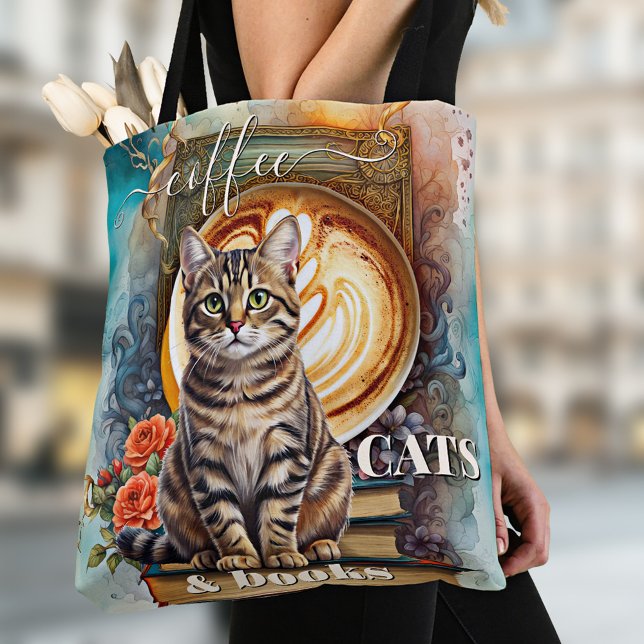 Boho Art Café Chats et Livres Sac fourre-tout (Personalized coffee, cats and books tote bag featuring a colorful bohemian artistic design)
