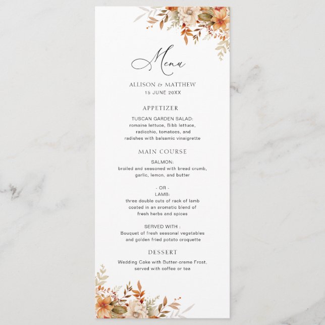 boho automne automne florales menu mariage (Devant)