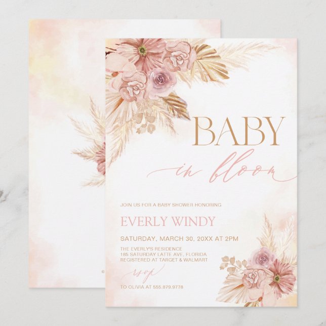 Boho Baby in Bloom Pampas Baby shower Invitation (Devant / Derrière)