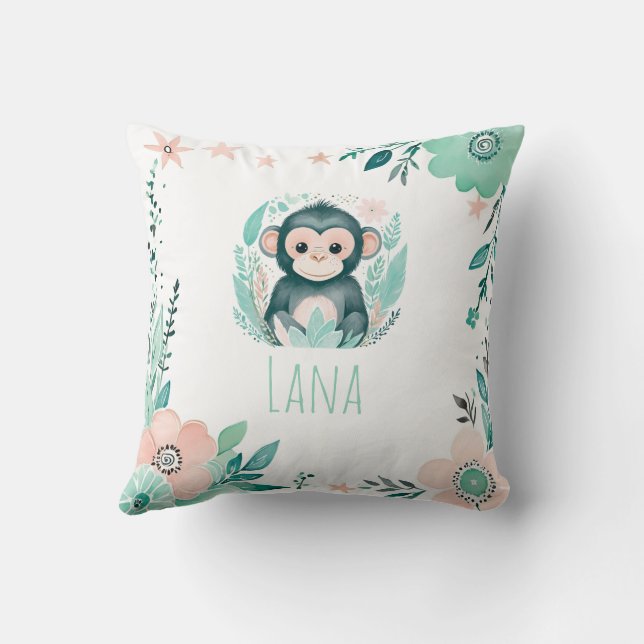 Boho Baby Monkey Coussin Pastel Green personnalisé (Verso)