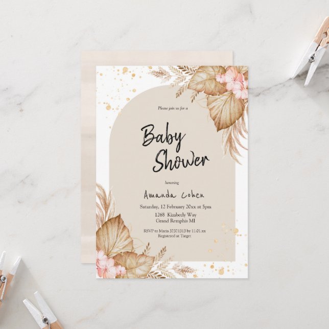 Boho Baby shower Moderne Arch Invitation (Devant/Arrière en situation)