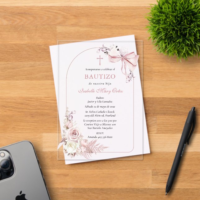 Boho Bautizo Invitation Girls Acrylique Invitation (Insitu (Carte d'invitation))