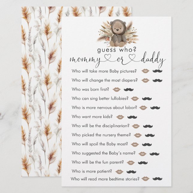 Boho Bear Baby shower "Devinez Qui" Jeu (Devant / Derrière)