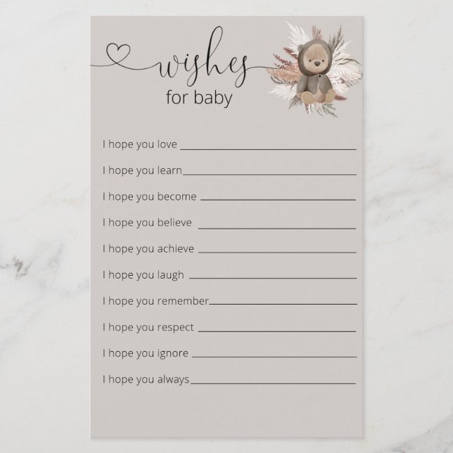 Boho Bear Baby shower Wings For Baby Card (Devant)