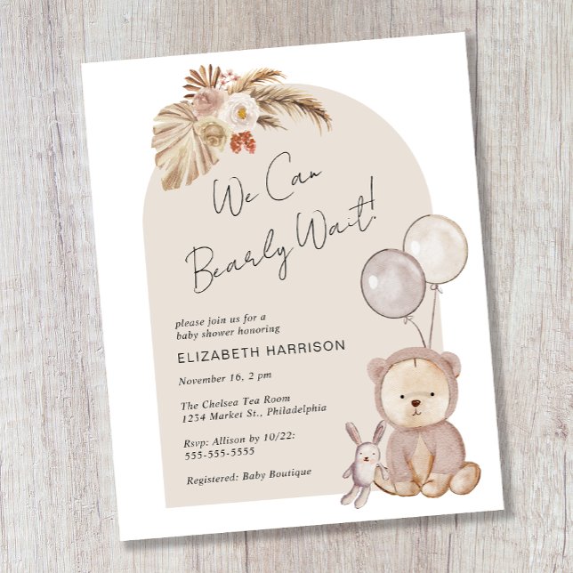 Boho Bearly Wait Teddy Bear Baby shower Invitation (Créateur téléchargé)