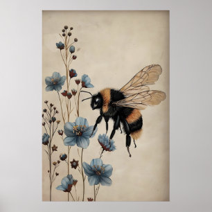 Boho Bee en impression de fleur bleue, mur Cottage