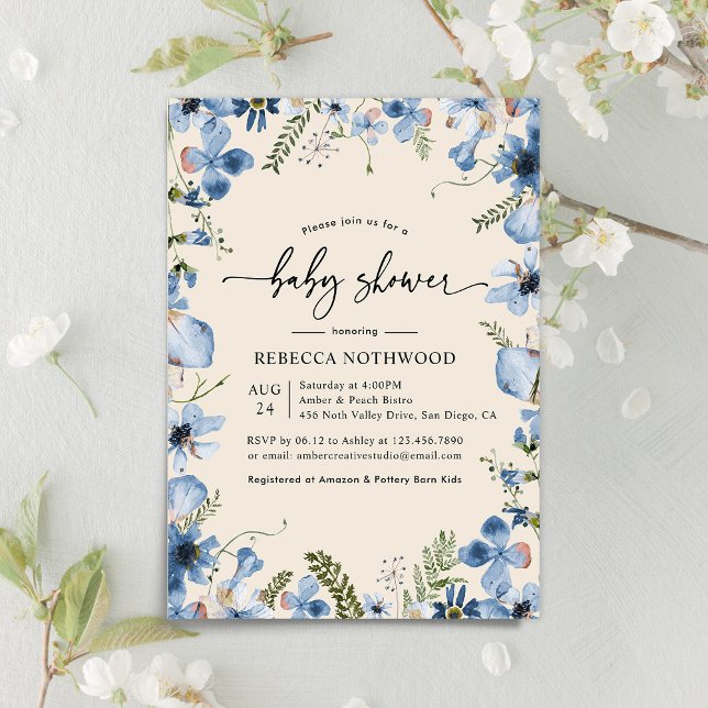 Boho Beige Blue Floral Boy Baby Shower Invitation (Créateur téléchargé)