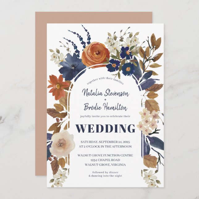 Boho Beige Blue Rust Floral Faire-part de mariage (Devant / Derrière)