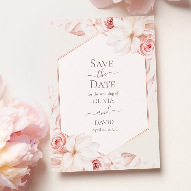 Boho Beige et rose Roses Enregistrer la carte Date (Boho Beige and Pink Roses Save the Date Card on pale pink table with pink roses.)