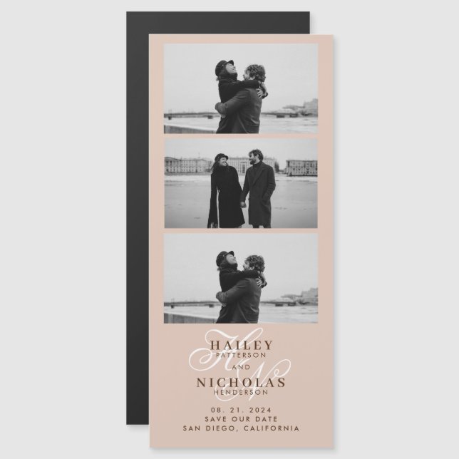 Boho Beige Monogramme Bande Photo Mariage magnétiq (Devant / Derrière)