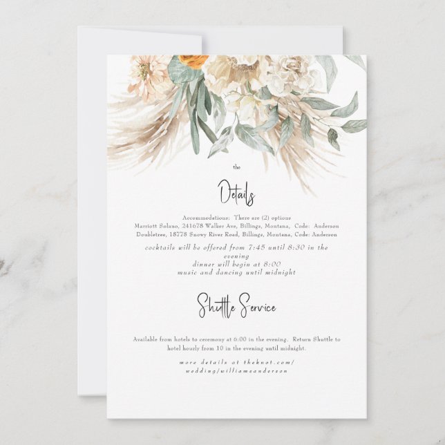 Boho Beige Pampas II Mariage détails Invitation (Devant)