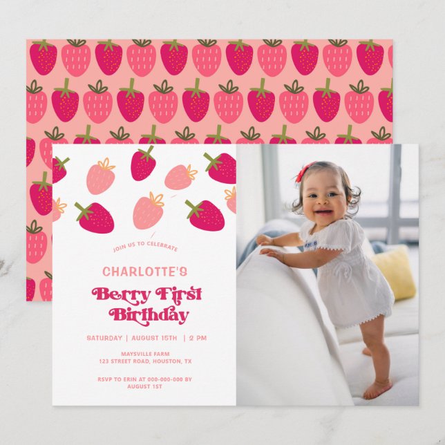 Boho Berry First Birthday Photo Invitation (Devant / Derrière)