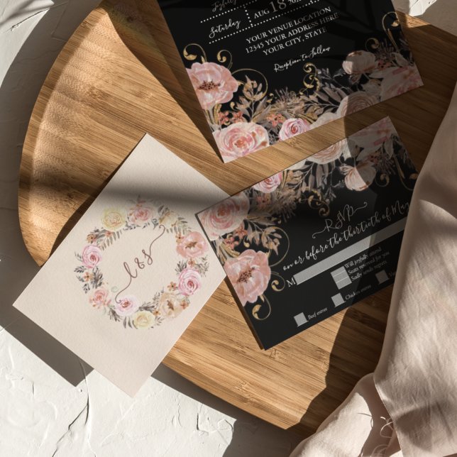 Boho Black Floral Pink Rose Gold Réponse RSVP (Créateur téléchargé)