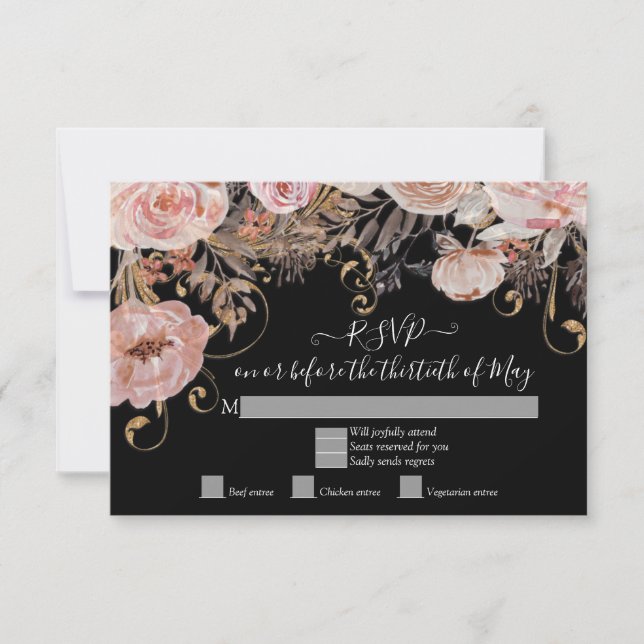 Boho Black Floral Pink Rose Gold RSVP Dos Personna (Devant)