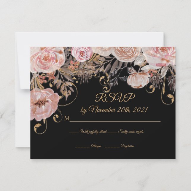 Boho Black Floral Rose Gold personnalisé RSVP (Devant)