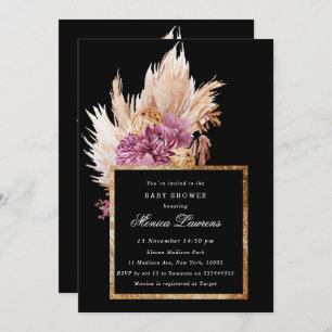 Boho Black, Gold Floral Invitation de douche nupti