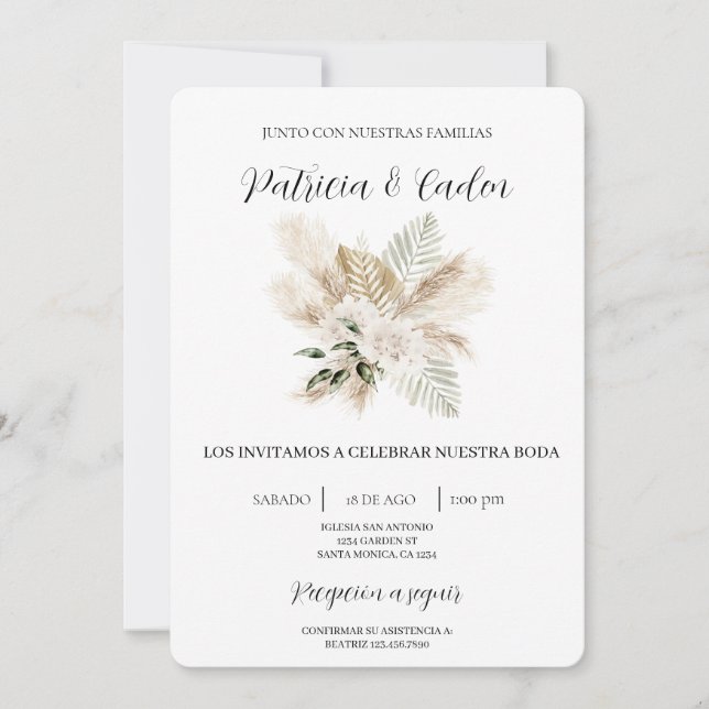 Boho blanc Floral Faire-part de mariage espagnol (Devant)