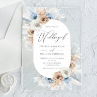 Boho Bleu Blanc Floral Acrylique Faire-part de mar