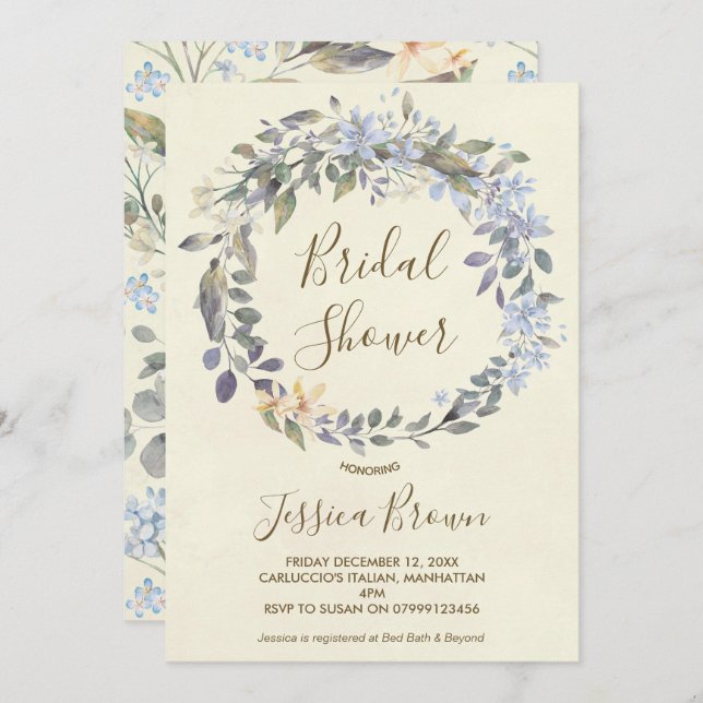boho bleu fleuri couronne nuptiale invitation à la (Devant / Derrière)