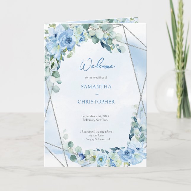 Boho bleu floral eucalyptus argent programme parti (Devant)