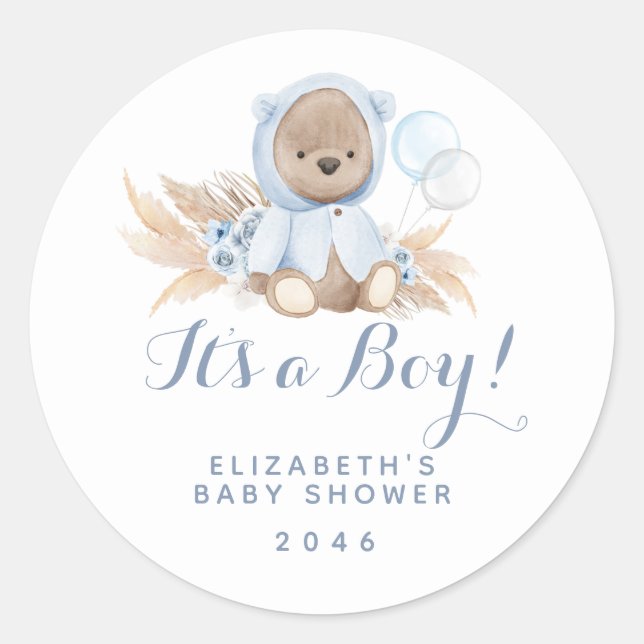 Boho Blue Bear Baby shower Favoriser Étiquette (Devant)