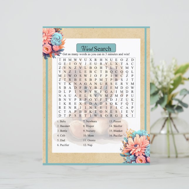 Boho Blue Bear Baby shower Word Search Jeu (Debout devant)