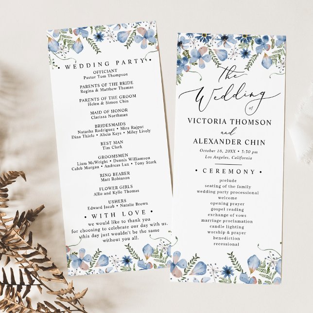 Boho Blue Botanical Wedding Programme (Créateur téléchargé)