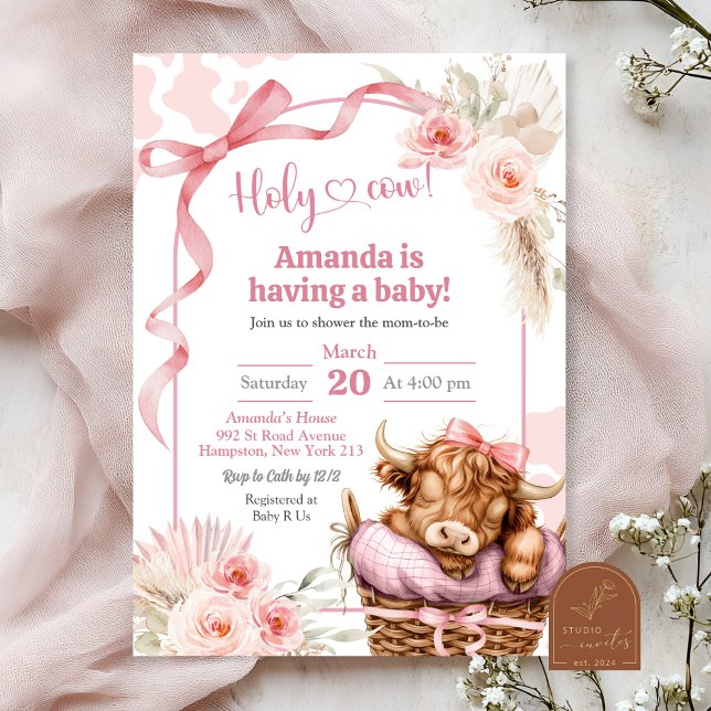 Boho Blue Bow Highland Cow Baby shower Invitation (Créateur téléchargé)