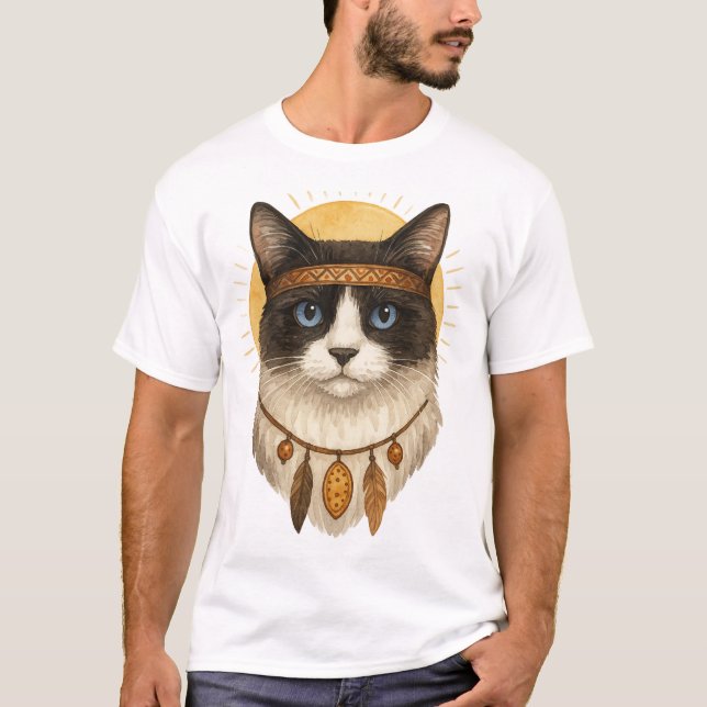 Boho Blue-Eyed Cat Dreamcatcher Graphic T-Shirt (Devant)