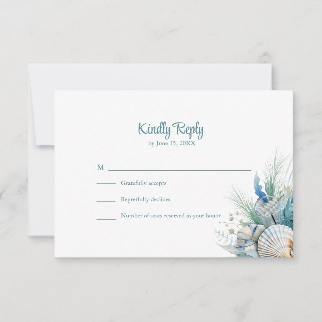 Boho Blue Floral Beach and Shell Wedding RSVP Card (Devant)