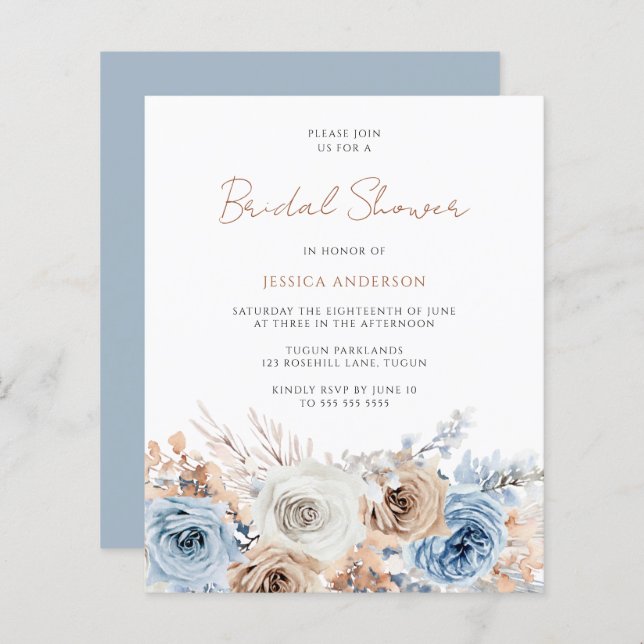 Boho Blue Floral Budget Nuptiale Douche Invitation (Devant / Derrière)