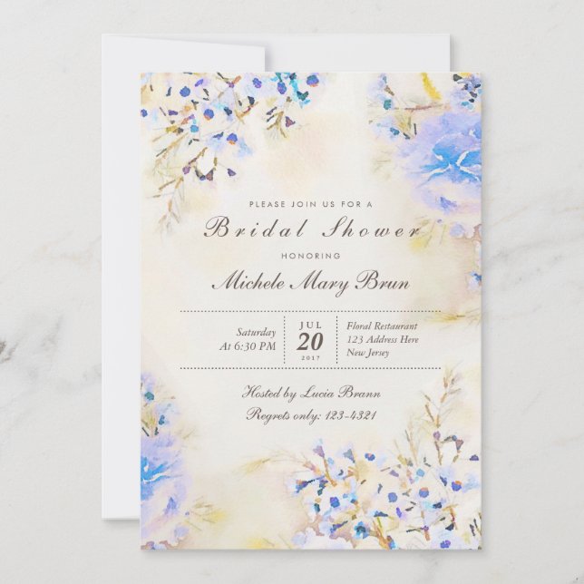 Boho Blue Floral Fête des mariées Invitation (Devant)