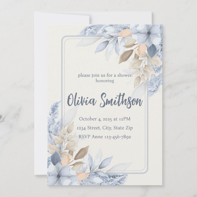 Boho Blue Floral Pampas Grass Invitation (Devant)