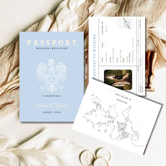 Boho Blue Passport Destination Mariage Invitation (Créateur téléchargé)
