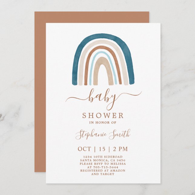 Boho Blue Rainbow Baby shower Invitation garçon (Devant / Derrière)