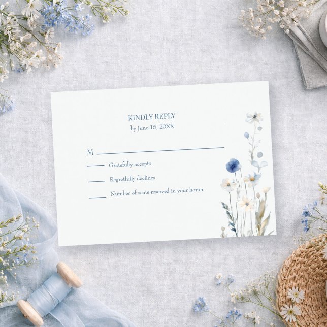 Boho Blue Watercolor Wildflowers Wedding RSVP Card (Boho Blue Watercolor Wildflowers Wedding RSVP Card on a romantic table with tiny dusty blue flowers)