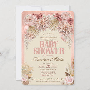 Boho Blush Beige séché Rose Baby shower invitation