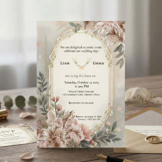 Boho Blush Floral Gold Wedding Invitation