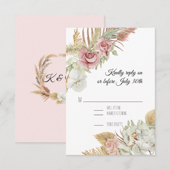 BOHO Blush Floral Pampas Grass Palm Folime RSVP (Devant / Derrière)