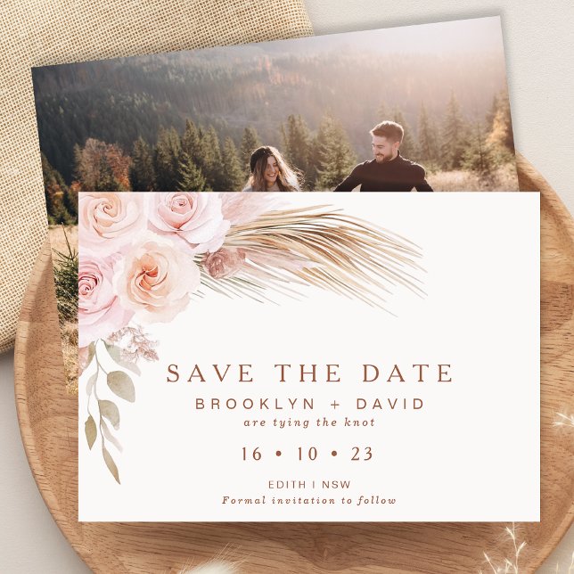 Boho Blush Floral Wedding Enregistrer La Carte Dat (Boho Floral Wedding Save The Date Card Template, Bohemian Floral Save The Date With Photo, Pampas )