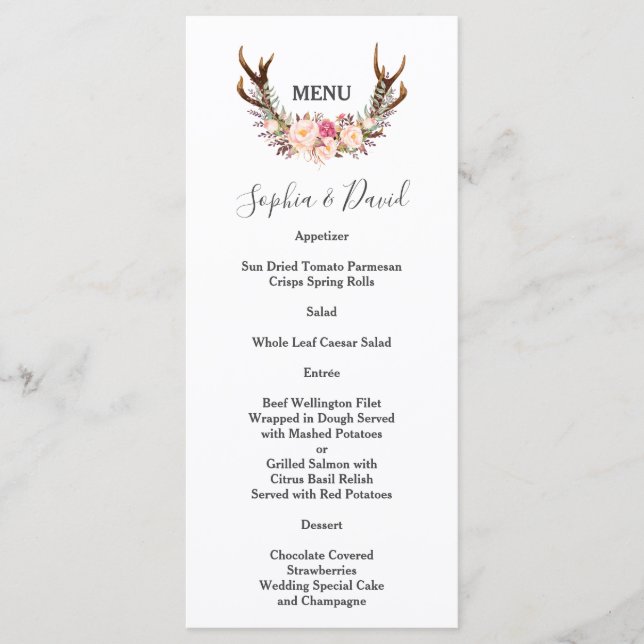 Boho Blush Flowers Antlers Menu Mariage (Devant)