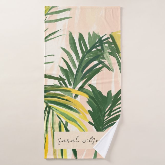 Boho Blush Green Tropical Palm Plage Feuille (Serviette de bain)