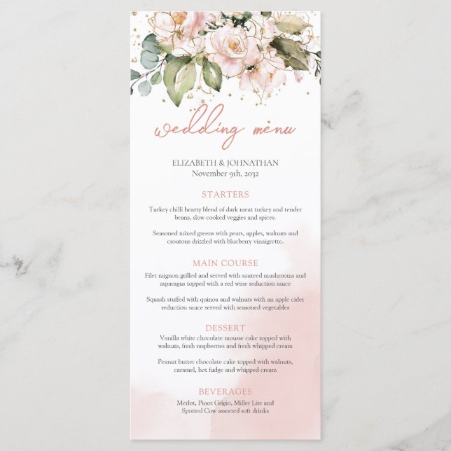 Boho Blush Rose Floral Rose Menu Mariage Moderne (Devant)