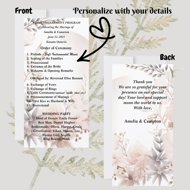 Boho Blush séché Floral Wedding Programme (Set the tone for your romantic celebration with our elegant boho blush & beige wedding suite)