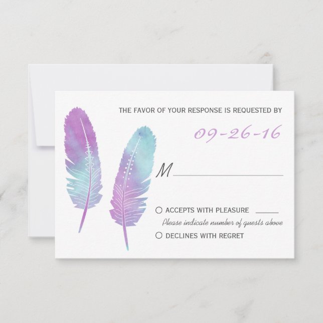 Boho Bohemian Feather violet et bleu mariage RSVP (Devant)