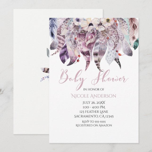 Boho Bohemian Feathers Baby Shower Invitations (Devant / Derrière)